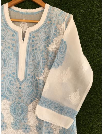 Chhangamal Hand Embroidered White Colour Cotton Chikankari kurti