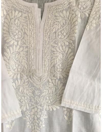 Chhangamal Hand Embroidered White Colour Cotton Chikankari Kurti