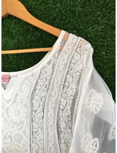 Chhangamal Hand Embroidered White Colour Cotton Chikankari Kurti