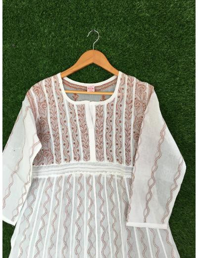 Chhangamal Hand Embroidered White Colour Cotton Chikankari Kurti
