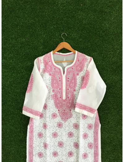 Chhangamal Hand Embroidered White Colour Cotton Chikankari Kurti Piece