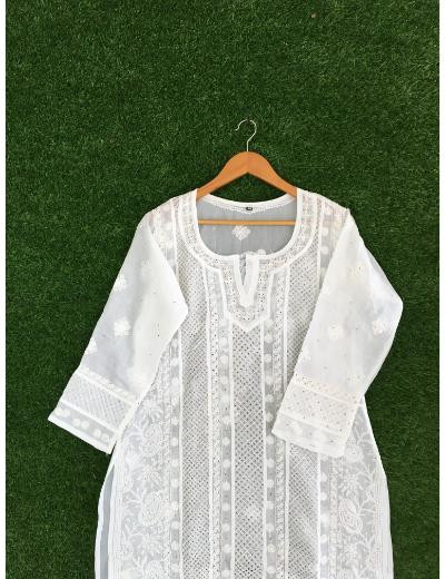 Chhangamal Hand Embroidered White Colour Cotton Chikankari Kurti Piece