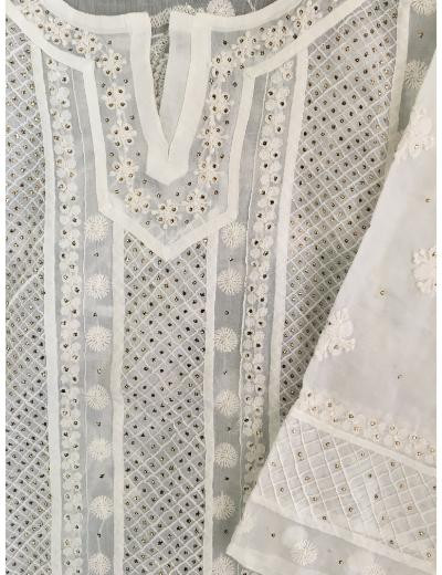 Chhangamal Hand Embroidered White Colour Cotton Chikankari Kurti Piece