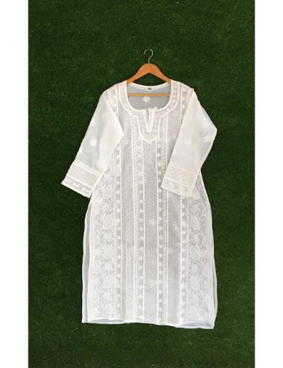 Chhangamal Hand Embroidered White Colour Cotton Chikankari Kurti Piece