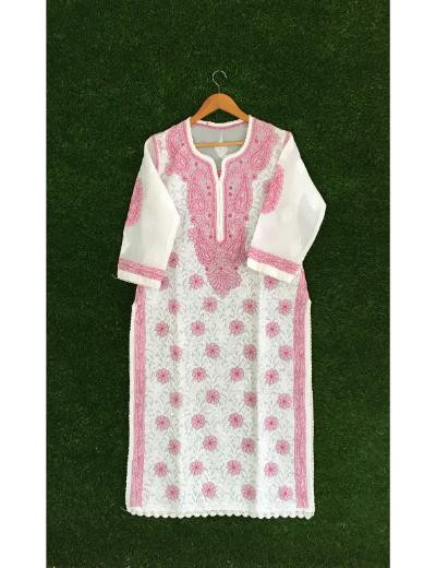 Chhangamal Hand Embroidered White Colour Cotton Chikankari Kurti Piece