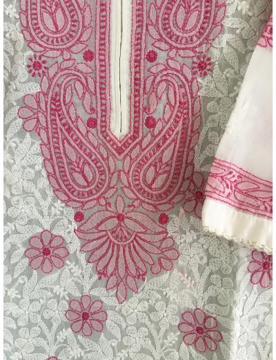 Chhangamal Hand Embroidered White Colour Cotton Chikankari Kurti Piece