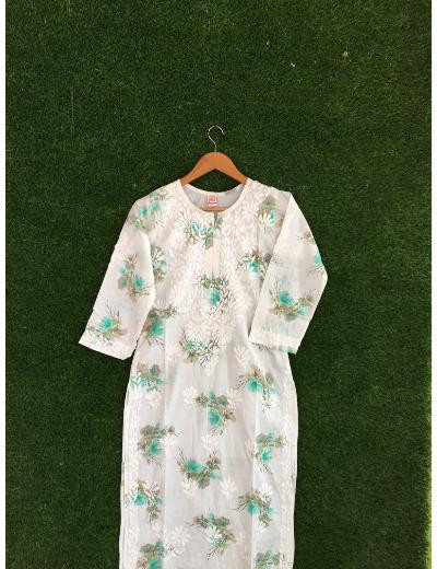 Chhangamal Hand Embroidered White Colour Cotton Chikankari Kurti Piece