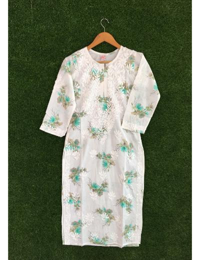 Chhangamal Hand Embroidered White Colour Cotton Chikankari Kurti Piece