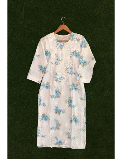 Chhangamal Hand Embroidered White Colour Cotton Chikankari Kurti Piece