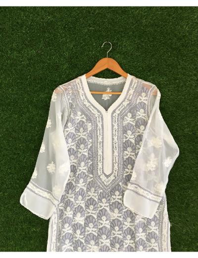 Chhangamal Hand Embroidered White Colour Georgette Chikankari Kurti Piece
