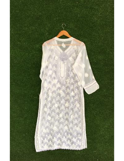 Chhangamal Hand Embroidered White Colour Georgette Chikankari Kurti Piece