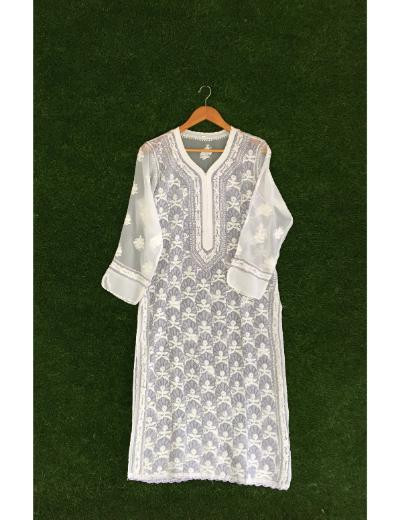 Chhangamal Hand Embroidered White Colour Georgette Chikankari Kurti Piece