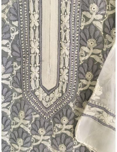 Chhangamal Hand Embroidered White Colour Georgette Chikankari Kurti Piece
