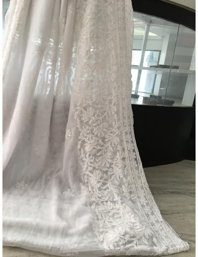 Chhangamal Hand Embroidered White Colour Georgette Chikankari Saree