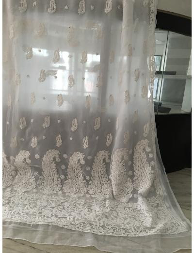 Chhangamal Hand Embroidered White Colour Georgette Chikankari Saree