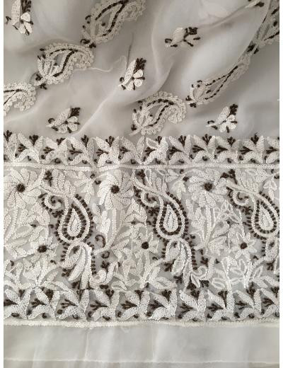 Chhangamal Hand Embroidered White Colour Georgette Chikankari Saree