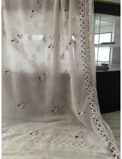 Chhangamal Hand Embroidered White Colour Georgette Chikankari Saree
