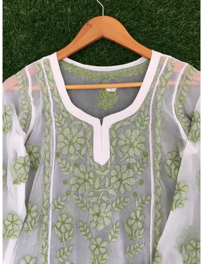 Chhangamal Hand Embroidered White Colour Georgette Chikankari Top