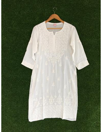 Chhangamal Hand Embroidered White Colour Modal Chikankari Kurti