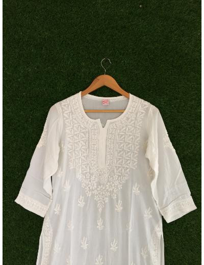 Chhangamal Hand Embroidered White Colour Modal Chikankari Kurti
