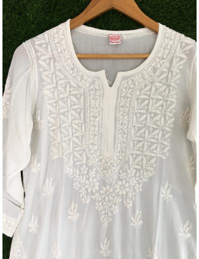 Chhangamal Hand Embroidered White Colour Modal Chikankari Kurti