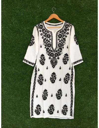 Chhangamal Hand Embroidered White Colour Modal Chikankari Kurti