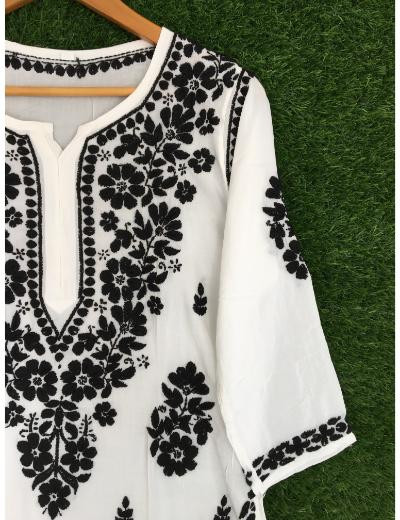 Chhangamal Hand Embroidered White Colour Modal Chikankari Kurti