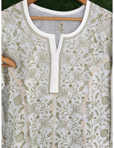 Chhangamal Hand Embroidered White Colour Mul Chanderi Chikankari Kurta Dupatta Piece