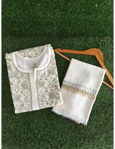 Chhangamal Hand Embroidered White Colour Mul Chanderi Chikankari Kurta Dupatta Piece