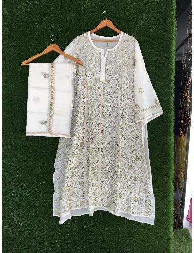 Chhangamal Hand Embroidered White Colour Mul Chanderi Chikankari Kurta Dupatta Piece