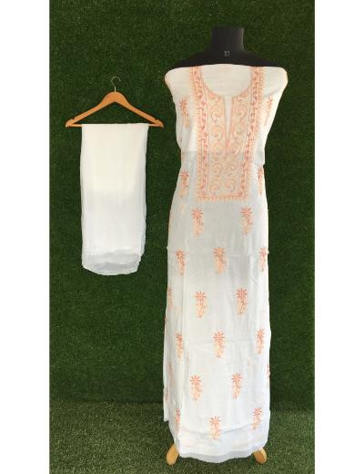 Chhangamal Hand Embroidered White Colour Mul Chanderi Chikankari Kurta Dupatta Piece