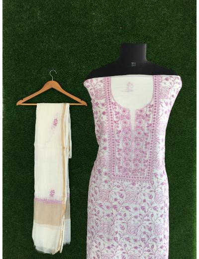 Chhangamal Hand Embroidered White Colour Mul Chanderi Chikankari Kurta Dupatta Piece