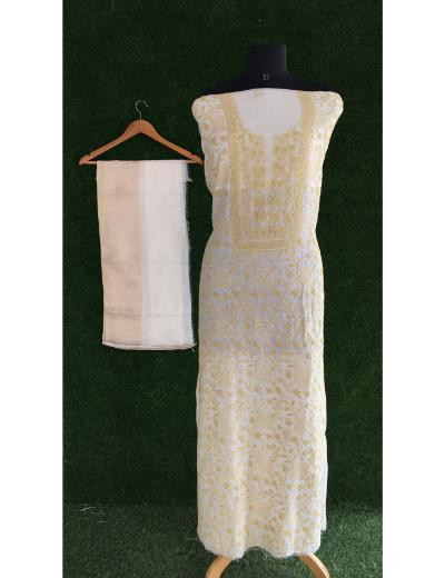 Chhangamal Hand Embroidered White Colour Mul-chanderi Chikankari Kurta Dupatta Piece