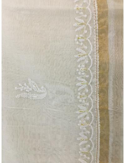 Chhangamal Hand Embroidered White Colour Mul-chanderi Chikankari Kurta Dupatta Piece