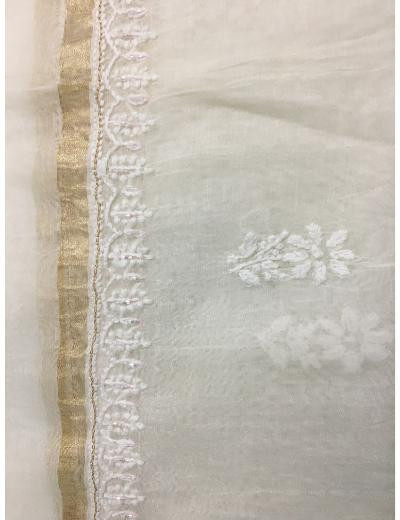 Chhangamal Hand Embroidered White Colour Mul-chanderi Chikankari Kurta Dupatta Piece