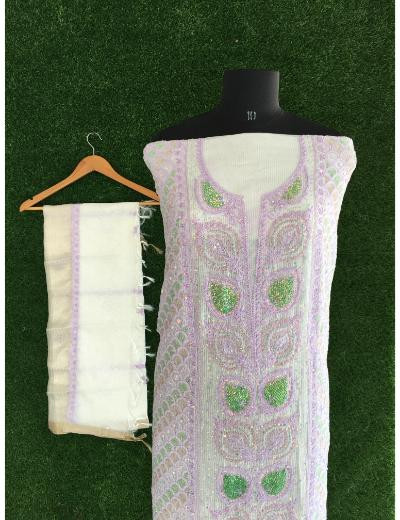 Chhangamal Hand Embroidered White Colour Mul-chanderi Chikankari Kurta Dupatta Piece