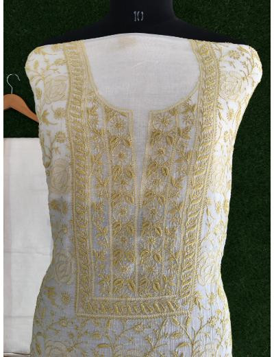 Chhangamal Hand Embroidered White Colour Mul-chanderi Chikankari Kurta Dupatta Piece