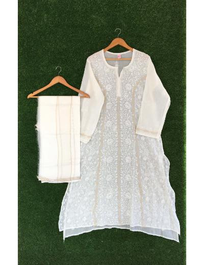 Chhangamal Hand Embroidered White Colour Mul-chanderi Chikankari Kurta Dupatta Piece