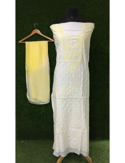 Chhangamal Hand Embroidered White Colour Mul-chanderi Chikankari Kurta Dupatta Piece