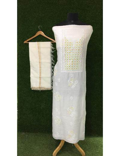 Chhangamal Hand Embroidered White Colour Mul-chanderi Chikankari Kurta Dupatta Piece