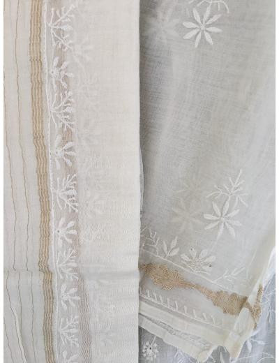 Chhangamal Hand Embroidered White Colour Mul-chanderi Chikankari Kurta Dupatta Piece