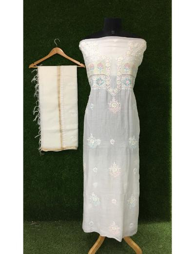 Chhangamal Hand Embroidered White Colour Mul-chanderi Chikankari Kurta Dupatta Piece
