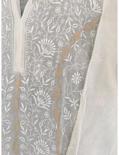 Chhangamal Hand Embroidered White Colour Mul-chanderi Chikankari Kurta Dupatta Piece