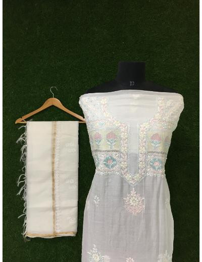 Chhangamal Hand Embroidered White Colour Mul-chanderi Chikankari Kurta Dupatta Piece
