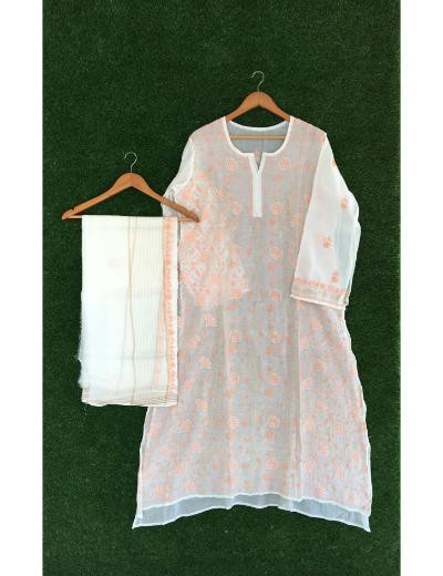 Chhangamal Hand Embroidered White Colour Mul-chanderi Chikankari Kurta Dupatta Piece