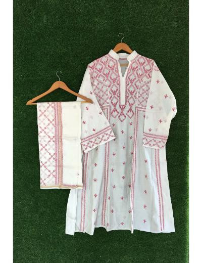 Chhangamal Hand Embroidered White Colour Mul-chanderi Chikankari Kurta Dupatta Piece