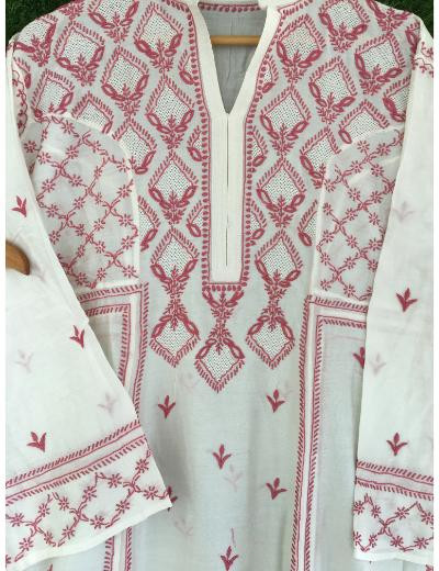 Chhangamal Hand Embroidered White Colour Mul-chanderi Chikankari Kurta Dupatta Piece