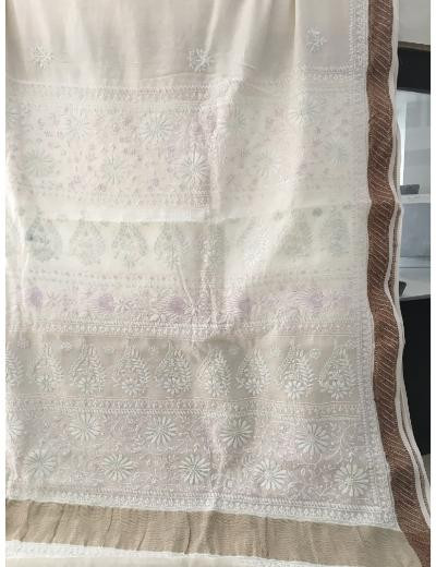 Chhangamal Hand Embroidered White Colour Mul Chanderi Chikankari Saree
