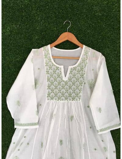 Chhangamal Hand Embroidered White Colour Mul Chanderi Chikankari Top