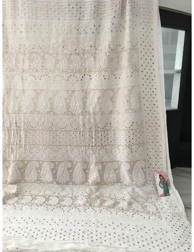 Chhangamal Hand Embroidered White Colour Pure Georgette  Chikankari Saree Piece